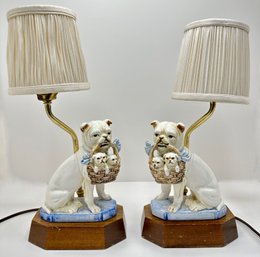 2 Small Vintage Table Lamps With Hand Painted Dog Figurines On Wooden Bases