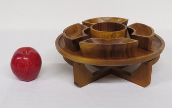 Mid Century Pedestal Teakwood Serving Set / Chip N' Dip