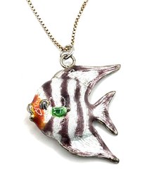 Vintage Italian Sterling Silver Vermeil Chain With Painted Fish Pendant