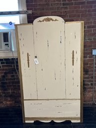 Fabulous Vintage Gold & White Painted Wooden Wardrobe With Rod & Shelving