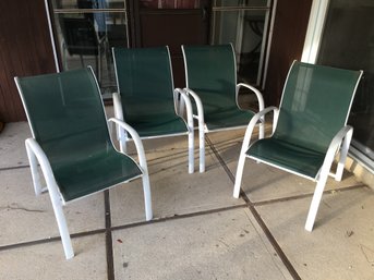 Very Nice Tubular Aluminum Patio / Garden Sling Chairs - White With Green Seats - Nice Quality - Set Of Four