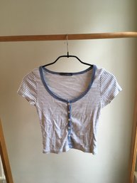 BRANDY MELVILLE, Cotton Knit Striped Scoop Neck Shirt, White & Baby Blue, One Sz