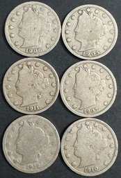 6 V Nickels 1905, 1906, 1907, 1910, 1911, 1912