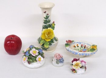 A Collection Of Capodimonte Style Floral Decorated Baskets, Bowls & Vase