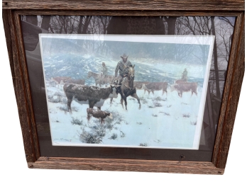 Rustic Framed Giclee Print - Cowboy Round Up Winter Scene