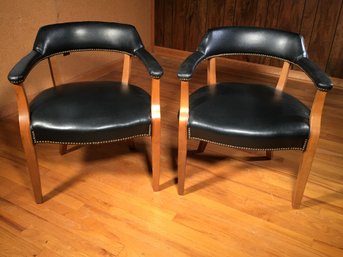 Pair Of Vintage Chairs - Black Leather With Brass Nailheads - Classic Style - VERY Solid VERY High Quality