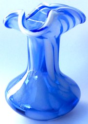 4.5 INCH ART GLASS BLOWN VASE: Vintage, Blue & White Mottled, Ruffled Top