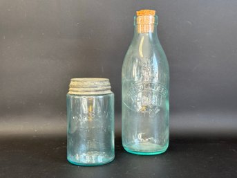 An Antique Mason Jar & Reproduction Milk Bottle