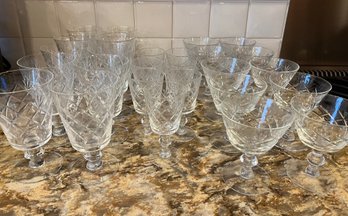 27PC  Lot Of Crystal Glasses - Three Sizes - Cut Criss-Cross On Bowl - Possibly Morgantown