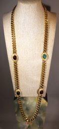 FINE SIGNED CINER GOLD TONE CABOCHON GLASS STONE RHINESTONE ELONGATED NECKLACE 32' LONG