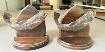 Vintage Two Hand Made Carved Wooden Fish Bookends.