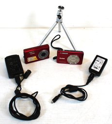 Pair Of Pocket Kodak Easyshare Compact Cameras, Aluminum Stand And Chargers