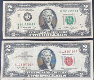 2 $2 Certificates 1- 1963 Red Seal And 1-1976 Green Seal