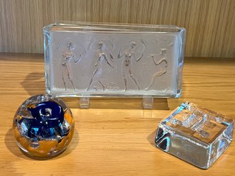 Lalique Style Frosted Glass Box With Piper And Dancers And Two Paperweights, Hadeland Norway Paperweight Plus