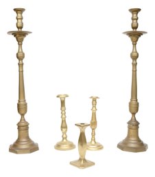 Set Of 2 Imported Floor Brass Candlesticks And 3 Table Candlesticks