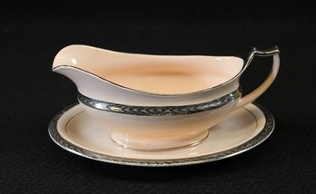 Vintage Mid Century Peach-blo Ware Etched Platinum Two Piece Gravy Boat By Limoges