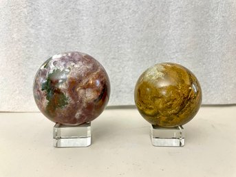 Two Ocean Jasper Spheres On Stands, 1 Lb 2.3oz & 12.1oz