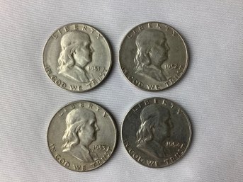 4 Franklin Half Dollars (90  Per Cent Silver) With Consecutive Dates (1951 S, 1952, 1953 D, 1954)