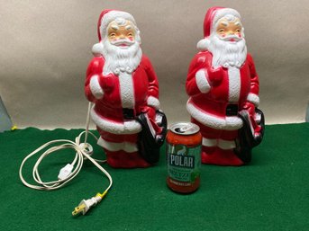 Pair Of Vintage 13' Blow Mold Christmas Santas. One Lights Up, Other Does Not.