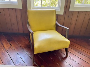 Mid Century Yellow Vinyl & Wood Framed Arm Chair With Nail Head Trim