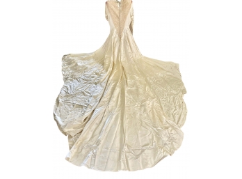 1950's Satin Wedding Dress Lace Trim 6.5 Ft. Long Train Pearl Trimmed Cap & Veil ( READ Description)