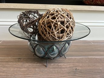 Caged Glass Wrought Iron Bowl With Decorative Twig Accents - 12' D  Centerpiece Accent