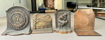 4 Antique Bookends:University Of Maine Bronze Finish, The Thinker- Cast Iron, Tree With Building- Cast Iron