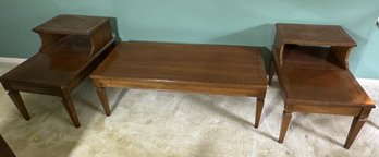 A PAIR OF ETHAN ALLEN STEP DOWN SIDE TABLES AND A COFFEE TABLE