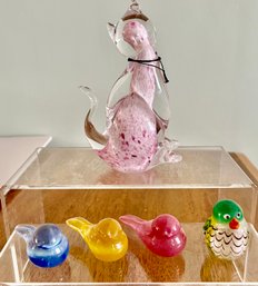 5' Tall Glass Cat And 4 Assorted Color Small Glass Bird Figures No Issues