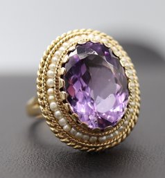 MASSIVE Amethyst, Seed Pearl, & 14k Yellow Gold Statement Cocktail Ring