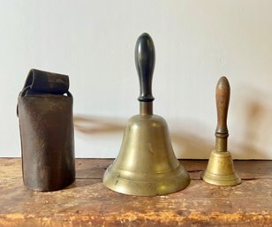 Pair Vintage Brass School Bells & Cow Bell