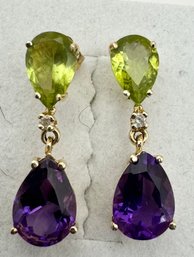 GORGEOUS 14K GOLD PERIDOT, AMETHYST AND DIAMOND TEAR DROP DANGLE EARRINGS