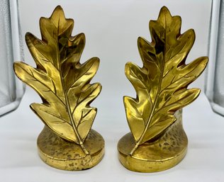 Vintage Brass Oak Leaf Bookends Marked PMC - Philadelphia Metal Co