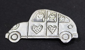 Sterling Silver Brooch Of Family In Car With Hearts