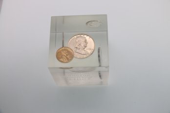 1956 Silver Proof Coins In Lucite Paperweight