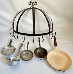 Iron Wall Mounting Kitchen Pot Rack & 5 Vintage Pans Including Cast Iron Skillet By Copco