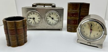 2 Retro Style Table Clocks, One By Pottery Barn & 2 Faux Book Desk Pen Containers