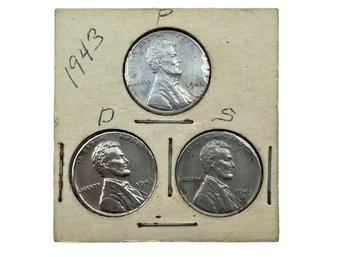 United States, Three 1943 Steel Lincoln Wheat Pennies, 1 Each P, D & S