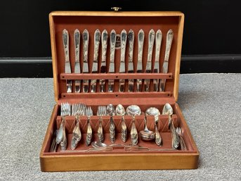 Vintage New England Silver Plate Flatware In Storage Chest, Service For 12 Plus