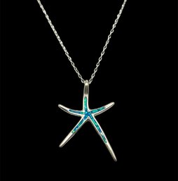 Vintage Sterling Silver Turquoise Inlay Star Pendant On Italian Chain
