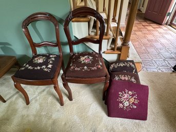 A PAIR OF VICTORIAN BALLOONBACK CHAIRS W/ NEEDLEPOINT SEATS, INC. THREE EXTRA SEATS