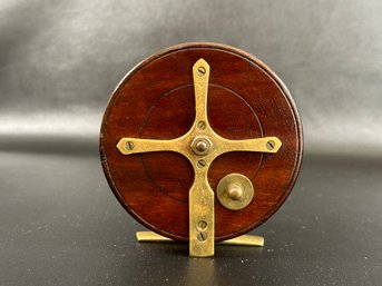 A Vintage Fishing Reel In Wood & Brass #7