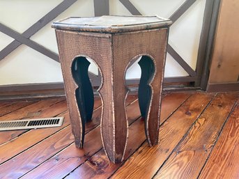 Vintage Hexagonal Cutout Wood Side Table With Woven Covered Sides