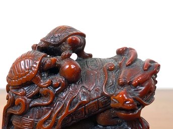 Vintage Carved Boxwood Figurine Of Dragon With Turtles On Back 1970's