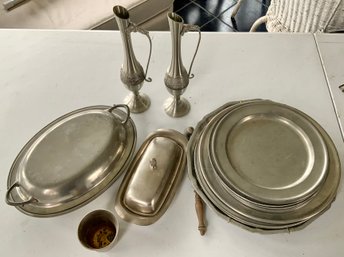 Large Lot Of Vintage Pewter ~ Plates, Pair Elephant Handle Ewers & More ~