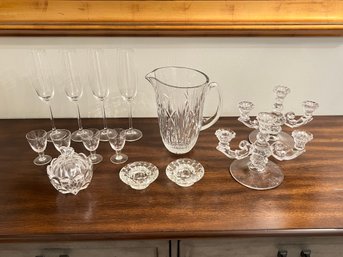 Clear Glass Lot Including Waterford Crystal Candy Dish, Lenox Champagne Flutes, And More