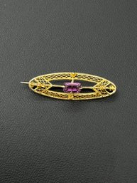 Antique Victorian Amethyst Brooch/ Pin In 10k Yellow Gold