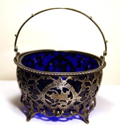 Wonderful Antique Sterling Silver Openwork English Basket W Cobalt Glass Insert