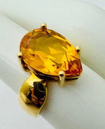 GORGEOUS GOLD OVER STERLING SILVER LARGE FACETED PEAR SHAPE CITRINE RING