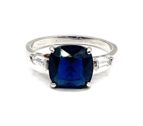 Beautiful Dark Blue Square Topaz Color And Clear Stones Ring, Size 9